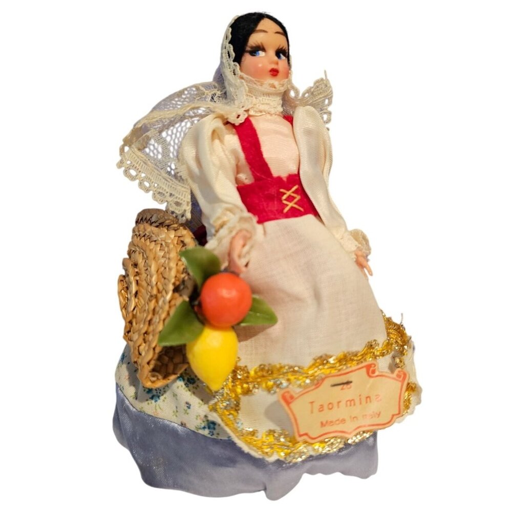 Taormina Sicilia Doll Made In Italy Vintage 6" Tall Fruit Basket Woman Colorful